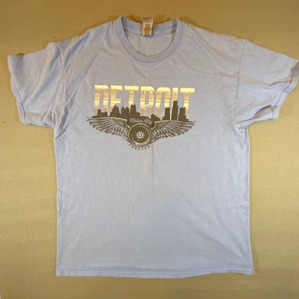 Gildan Detroit Motor City Forever Graphic Tee Light Blue Mens Large Cotton 1966